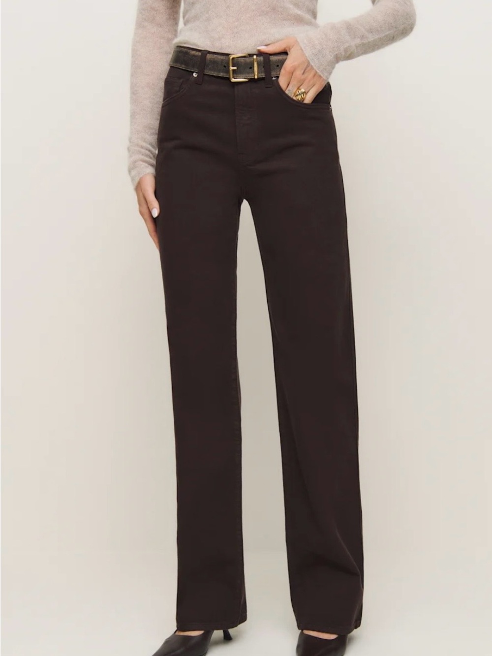 Reformation High-Rise Straight Leg Jeans in Dark Brown